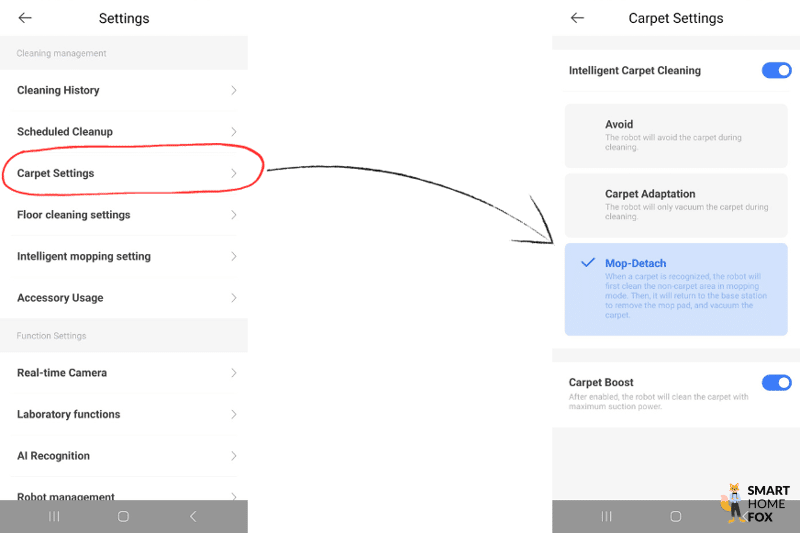 Настройки для ковра задаются в приложении Dreame L20 Ultra.